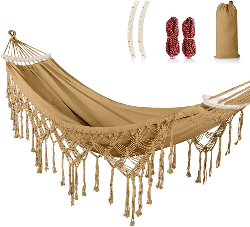 MOSFiATA Backyard Hammock with Tassels Max 500lbs Canvas Fabric Bohemian Style with Thickened Rope and Carry Bag for Outdoor, Garden, Patio, Wedding Decor (Khaki) - Image 1
